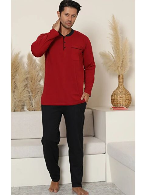 Formo Erkek Bordo %100 Organik Doğal Pamuk Yüksek Kalite Düğmeli Uzun Kollu Battal Pijama Takımı - S000427655-19951