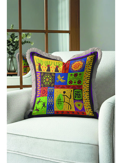 Milbay Grup Etnik Renkli Mozaik Saçaklı Yastık Kılıfı - Bohem Afrika Figürlü Sarı Gri Püsküllü Kırlent Kılıfı
