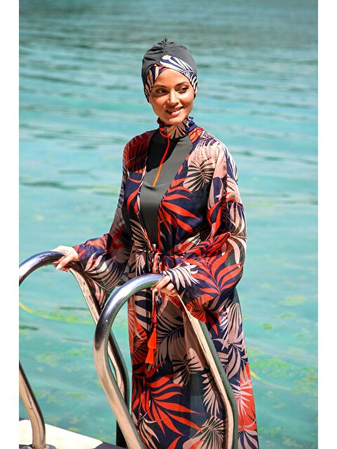 Marina Kadın Desenli Tesettür Mayo Üzerine Kimono Pareo P2204 - S000017432-20013