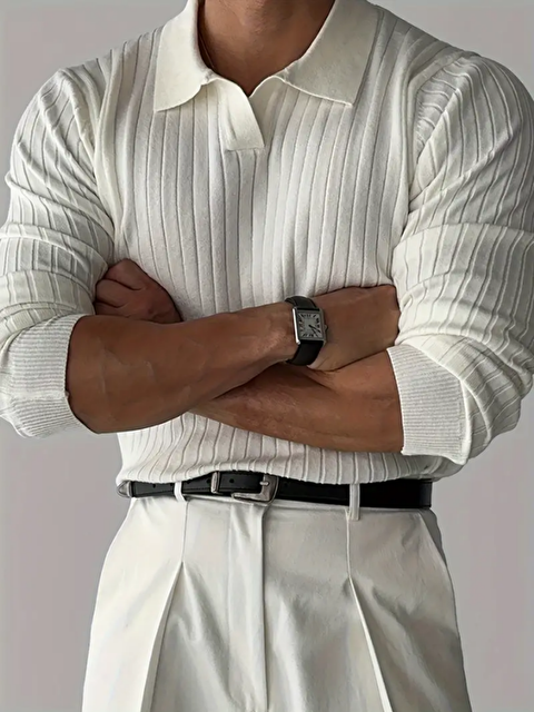 Tarz Cool Erkek Beyaz Polo Yaka Fitilli Triko Kazak - S000141623-20063