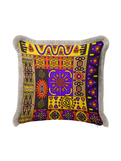Milbay Grup Etnik Mozaik Saçaklı Yastık Kılıfı - Renkli Bohem Sarı Mor Turuncu Püsküllü Kırlent Kılıfı