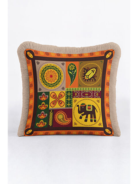 Milbay Grup Bohem Etnik Motifli Saçaklı Yastık Kılıfı - Hint Esintili Altın Renkli Püsküllü Kırlent Kılıfı