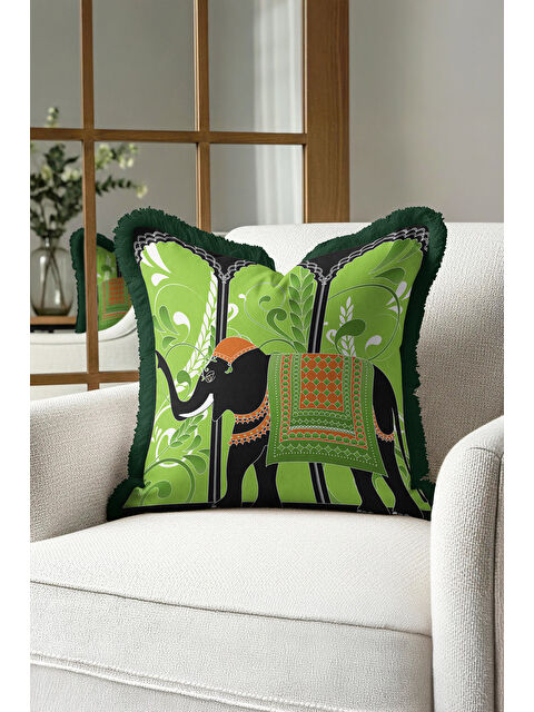 Milbay Grup Hint Zarif Saçaklı Yastık Kılıfı - Fil Figürlü Bohem Yeşil Turuncu Püsküllü Kırlent Kılıfı