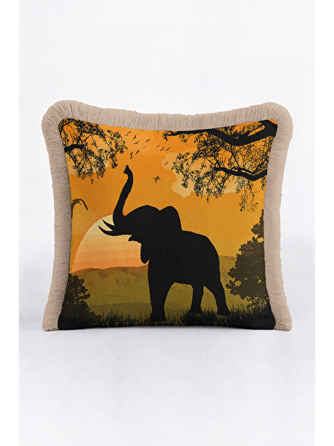 Milbay Grup Afrika Batımı Saçaklı Yastık Kılıfı - Safari Vahşi Doğa Bohem Sarı Kahve Püsküllü Kırlent Kılıfı