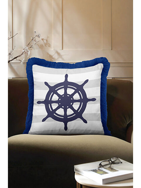 Milbay Grup Lüks Marin Saçaklı Yastık Kılıfı - Kaptan Temalı Coastal Lacivert Püsküllü Kırlent Kılıfı