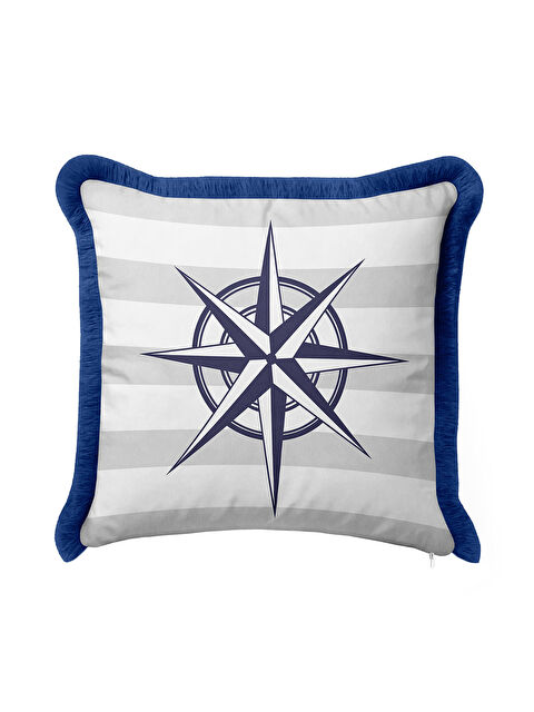 Milbay Grup Pusula Motifli Saçaklı Yastık Kılıfı - Marin Tema Lacivert Beyaz Çizgili Püsküllü Kırlent Kılıfı