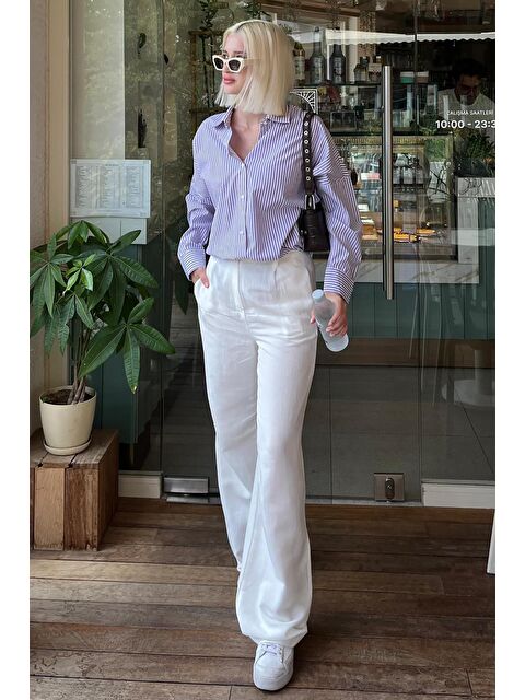 Madmext Mor Çizgili Over Fit Gömlek Mg1525 - S000030143-20042