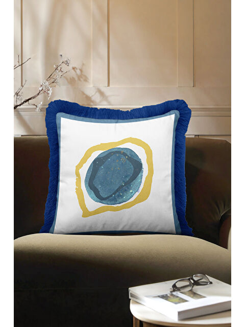 Milbay Grup Modern Sanat Etkili Saçaklı Yastık Kılıfı - Soyut Bohem Mavi Altın Renkli Püsküllü Kırlent Kılıfı