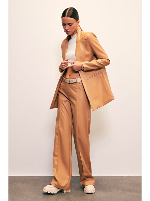 SATEEN Nervür Detaylı Deri Pantolon - Fındık - S000323876-19413