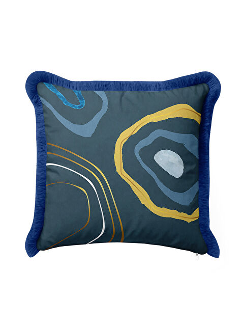 Milbay Grup Modern Sanat Saçaklı Yastık Kılıfı - Geometrik Bohem Lacivert Altın Renkli Püsküllü Kırlent Kılıfı