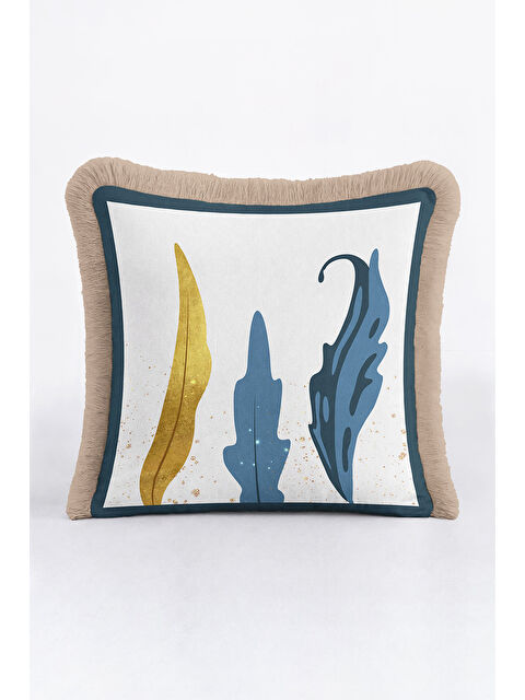 Milbay Grup Modern Sanatsal Saçaklı Yastık Kılıfı - Soyut Yaprak Bohem Mavi Altın Renkli Püsküllü Kırlent Kılıfı