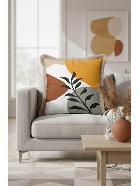 Milbay Grup Modern Sanatsal Saçaklı Yastık Kılıfı - Minimal Doğal Bohem Hardal Bej Püsküllü Kırlent Kılıfı