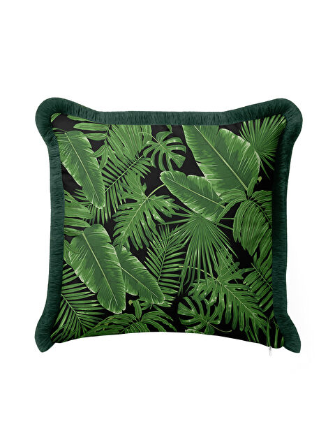 Milbay Grup Tropikal Yapraklı Saçaklı Yastık Kılıfı - Yeşil Doğal Doku Bohem Siyah Püsküllü Kırlent Kılıfı