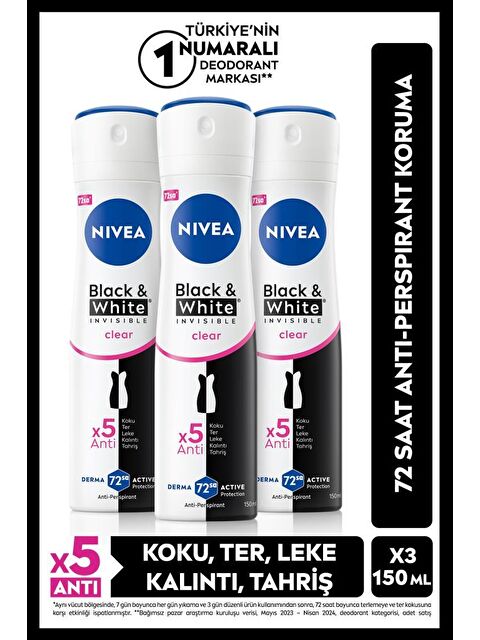 NIVEA Kadın Sprey Deodorant Black&White Invisible Clear 150ml, 72 Saat Anti-perspirant Koruma, X3 Adet - S000113348-26865