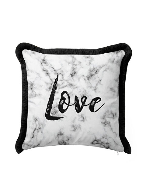 Milbay Grup Mermer Efektli Saçaklı Yastık Kılıfı - Minimal Modern Siyah Beyaz Püsküllü Kırlent Kılıfı