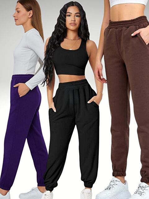 Trendseninle 3lü Set Siyah Kahve Mor Kadın Eşofman Altı - S000439739-27206