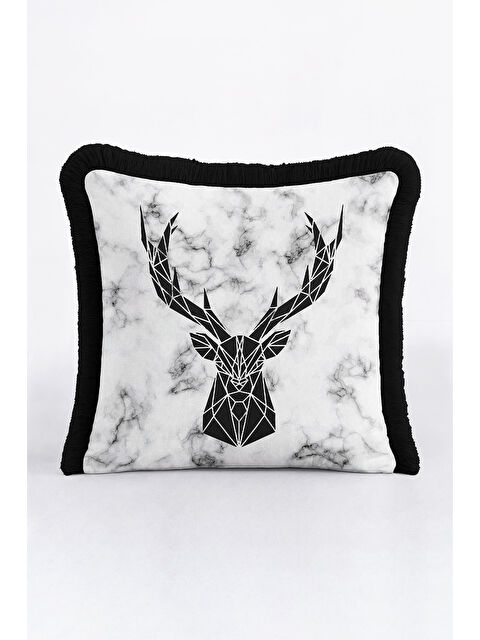Milbay Grup Geometrik Geyik Figürlü Saçaklı Yastık Kılıfı - Mermer Efektli Siyah Beyaz Püsküllü Kırlent Kılıfı