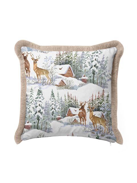 Milbay Grup Kış Orman Manzaralı Saçaklı Yastık Kılıfı - Doğal Rustik Kar Temalı Bej Püsküllü Kırlent Kılıfı