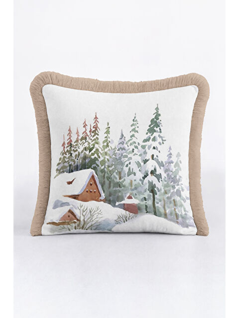 Milbay Grup Kış Manzaralı Saçaklı Yastık Kılıfı - Doğal Kar Temalı Rustik Bej Püsküllü Kırlent Kılıfı