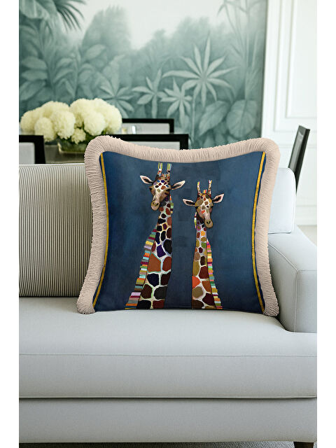 Milbay Grup Sanatsal Jirafalı Saçaklı Yastık Kılıfı - Eğlenceli Safari Bohem Mavi Bej Püsküllü Kırlent Kılıfı