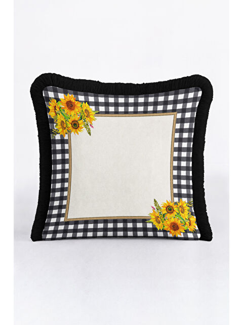 Milbay Grup Siyah Beyaz Ekose Çerçeveli Saçaklı Yastık Kılıfı - Güneş Çiçekli Sarı Siyah Püsküllü Kırlent Kılıfı