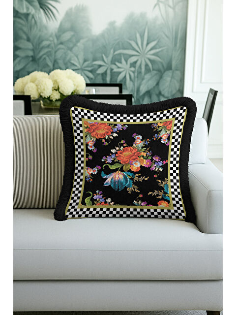 Milbay Grup Lüks Çiçek Motifli Saçaklı Yastık Kılıfı - Barok Stil Siyah Altın Renkli Püsküllü Kırlent Kılıfı