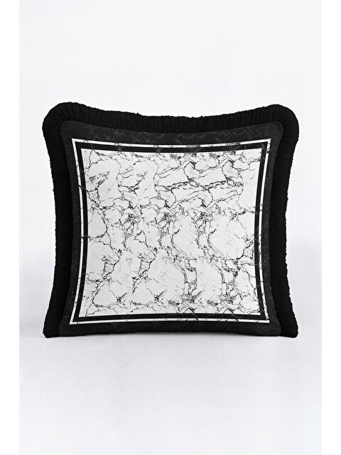 Milbay Grup Lüks Mermer Efektli Saçaklı Yastık Kılıfı - Minimalist Modern Siyah Beyaz Püsküllü Kırlent Kılıfı