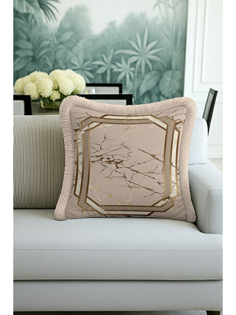 Milbay Grup Mermer Efektli Gold Saçaklı Yastık Kılıfı - Klasik Lüks Antik Yunan Modern Püsküllü Kırlent Kılıfı