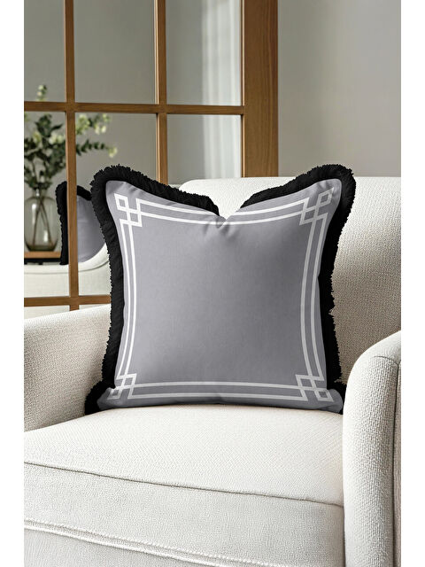 Milbay Grup Geometrik Lüks Saçaklı Yastık Kılıfı - Art Deco Modern Gri Siyah Püsküllü Kırlent Kılıfı