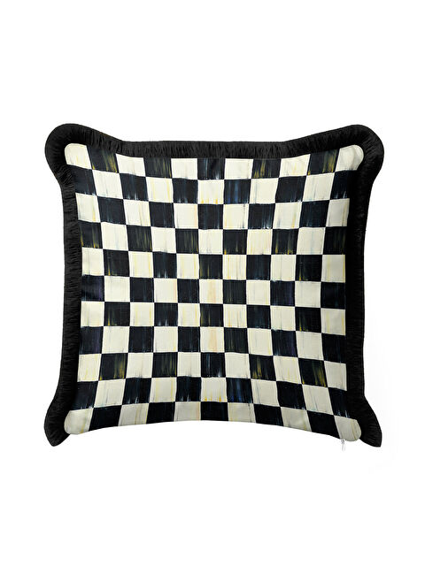 Milbay Grup Lüks Damalı Saçaklı Yastık Kılıfı - Modern Monokrom Siyah Krem Püsküllü Kırlent Kılıfı