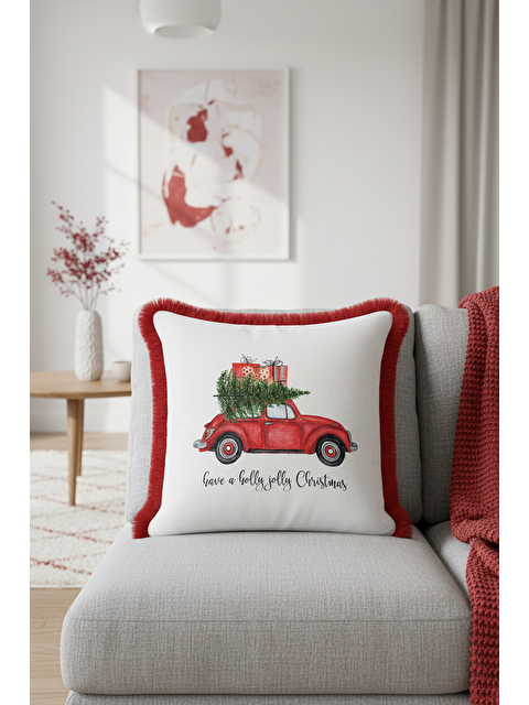 Milbay Grup Kırmızı Araba Temalı Saçaklı Yastık Kılıfı - Vintage Noel Beyaz Kırmızı Püsküllü Kırlent Kılıfı