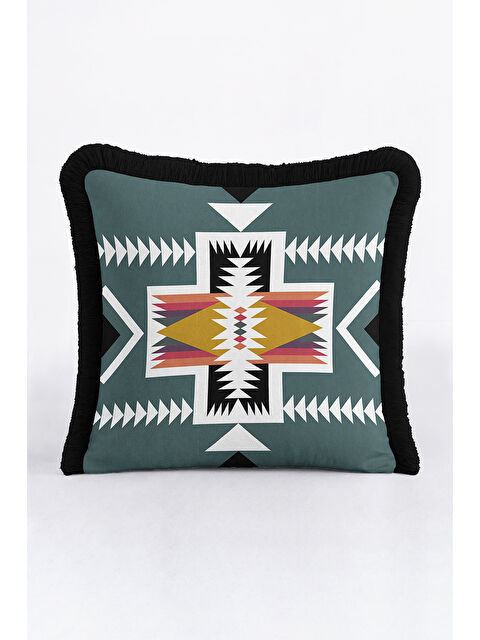 Milbay Grup Etnik Motifli Saçaklı Yastık Kılıfı - Geometrik Bohem Yeşil Siyah Püsküllü Kırlent Kılıfı