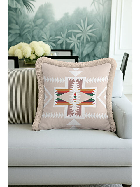 Milbay Grup Etnik Geometrik Saçaklı Yastık Kılıfı - Bohem Tribal Bej Krem Püsküllü Kırlent Kılıfı