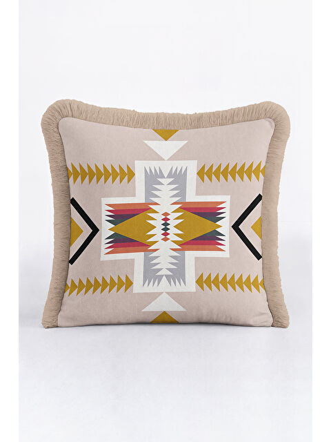Milbay Grup Etnik Motifli Saçaklı Yastık Kılıfı - Bohem Geometrik Bej Altın Renkli Püsküllü Kırlent Kılıfı
