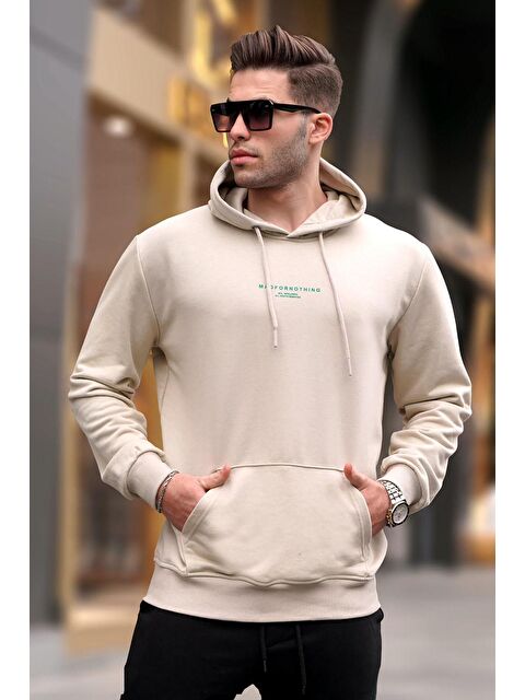 Madmext Bej Kapüşonlu Baskılı  Erkek Hoodie 6017 - S000049391-19928