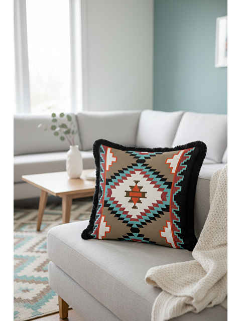 Milbay Grup Etnik Lüks Saçaklı Yastık Kılıfı - Geometrik Bohem Mavi Siyah Püsküllü Kırlent Kılıfı