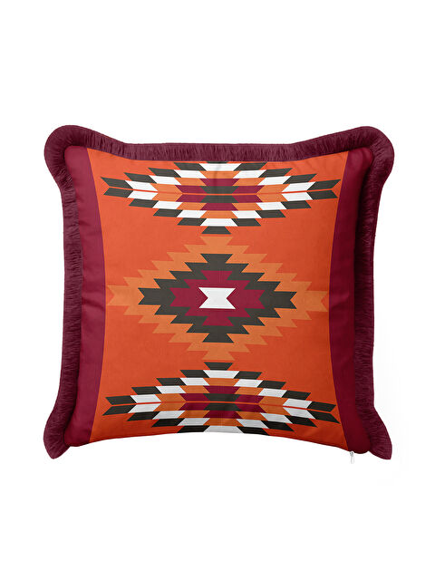 Milbay Grup Etnik Geometrik Saçaklı Yastık Kılıfı - Modern Bohem Kiremit Bordo Püsküllü Kırlent Kılıfı