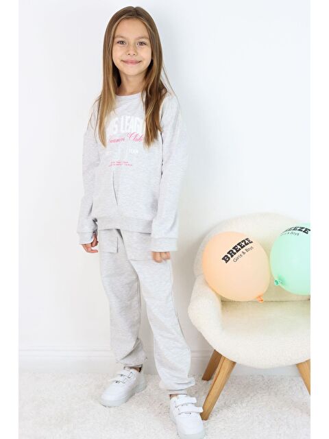 Breeze Kız Çocuk Eşofman Takım Lig Temalı Ön Kısmı V Dikişli Açık Gri Melanj (5-10 Yaş) - S000355935-17308