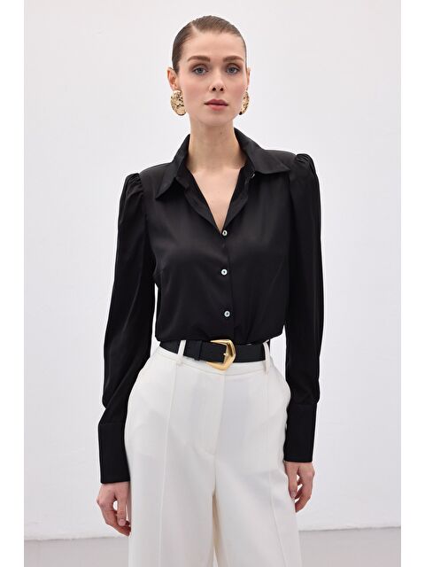 SATEEN Vatkalı Saten Gömlek - Siyah - S000323497-19351