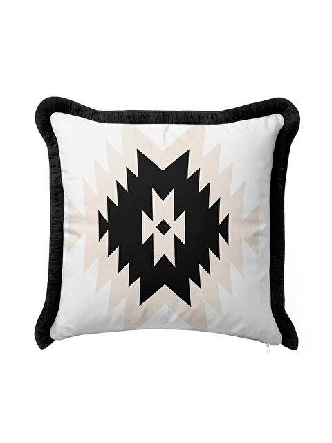 Milbay Grup Geometrik Zigzag Saçaklı Yastık Kılıfı - Etnik Bohem Siyah Krem Püsküllü Kırlent Kılıfı