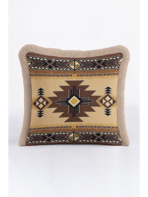 Milbay Grup Etnik Geometrik Saçaklı Yastık Kılıfı - Bohem Country Bej Kahverengi Püsküllü Kırlent Kılıfı