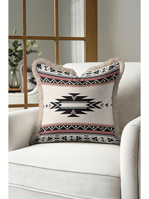 Milbay Grup Etnik Geometrik Saçaklı Yastık Kılıfı - Tribal Bohem Bej Siyah Püsküllü Kırlent Kılıfı