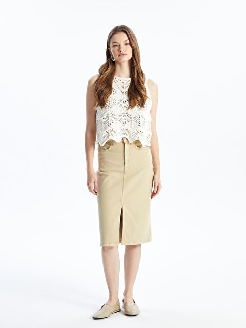 Dexia Cannes - Düz Yırtmaçlı Midi Denim Etek - Açık Kahve - S000116047-29705