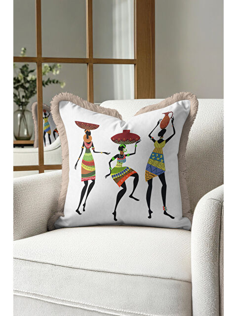 Milbay Grup Afrika Sanatı İlhamlı Saçaklı Yastık Kılıfı - Etnik Bohem Vibe Renkli Krem Püsküllü Kırlent Kılıfı