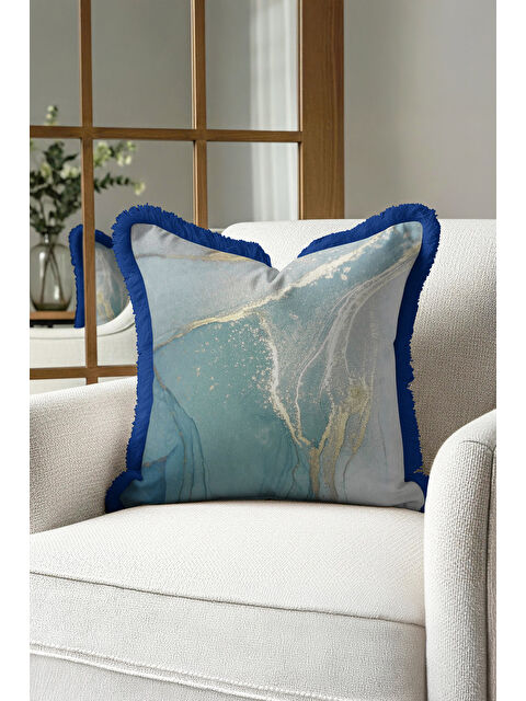 Milbay Grup Mermer Doku Saçaklı Yastık Kılıfı - Modern Lüks Mavi Altın Renkli Püsküllü Kırlent Kılıfı