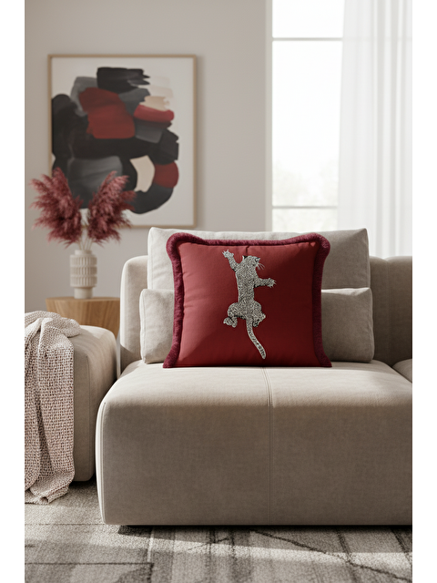 Milbay Grup Leopar Figürlü Saçaklı Yastık Kılıfı - Egzotik Lüks Bohem Bordo Püsküllü Kırlent Kılıfı