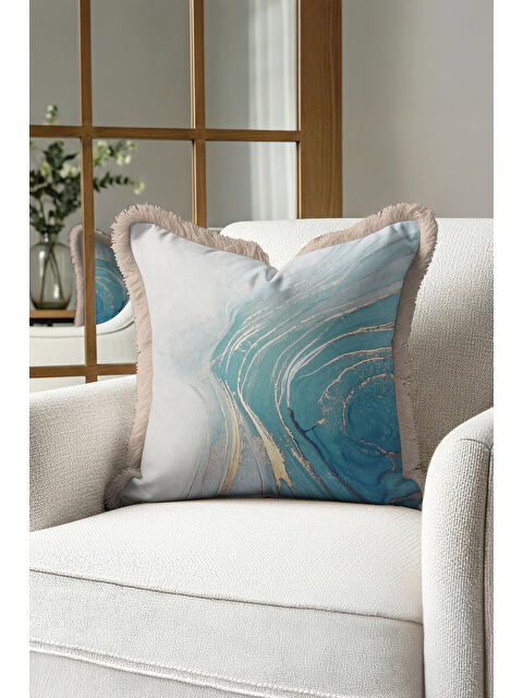 Milbay Grup Mermer Efektli Saçaklı Yastık Kılıfı - Modern Altın Renkli Mavi Püsküllü Kırlent Kılıfı