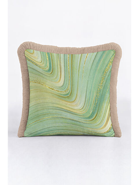 Milbay Grup Mermer Efektli Lüks Saçaklı Yastık Kılıfı - Doğal Bohem Yeşil Altın Renkli Püsküllü Kırlent Kılıfı