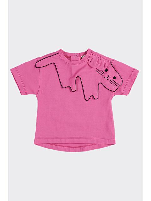 Panço Kız Bebek Nakışlı Yaka Detaylı Fuşya Tişört - S000269811-18686