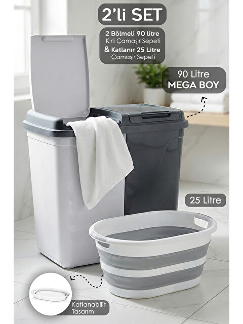 Meleni Home 2'li Katlanır Kirli Çamaşır Sepeti Seti 90 l